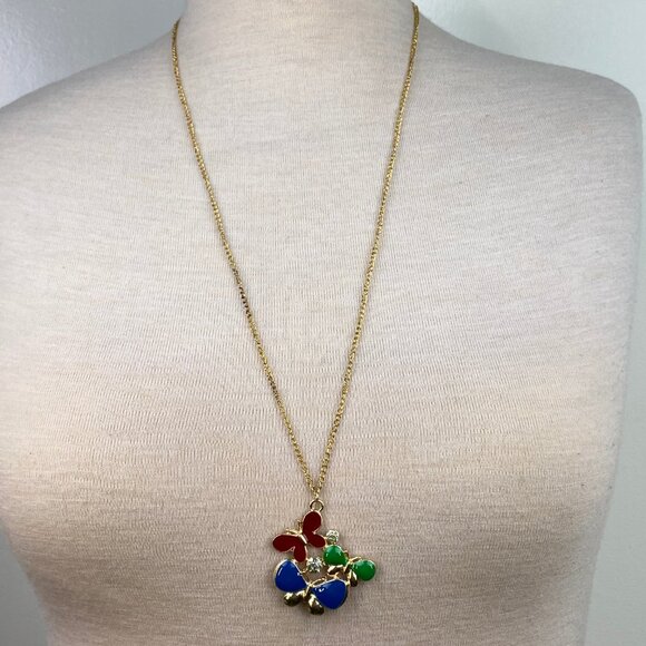 Enamel & Rhinestone Gold Tone Butterfly Pendant Necklace - Picture 2 of 8